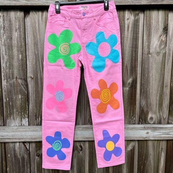 NWT Zig zag flower power groovy trippy mom jeans Sz S - Picture 1 of 9